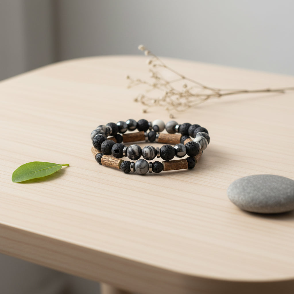 X08 | Дифузерна гривна Netstone Jasper & Hematite Duo Издръжливост, смелост, жизненост