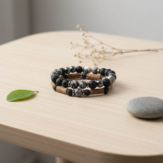 X08 | Дифузерна гривна Netstone Jasper & Hematite Duo Издръжливост, смелост, жизненост